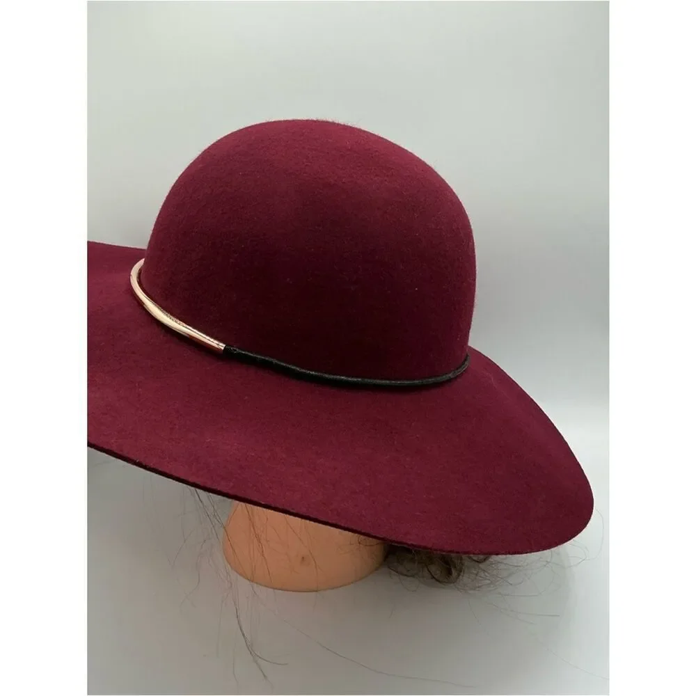 Nine West Women's Wide Brim woolHat in Burgundy with Gold Accent